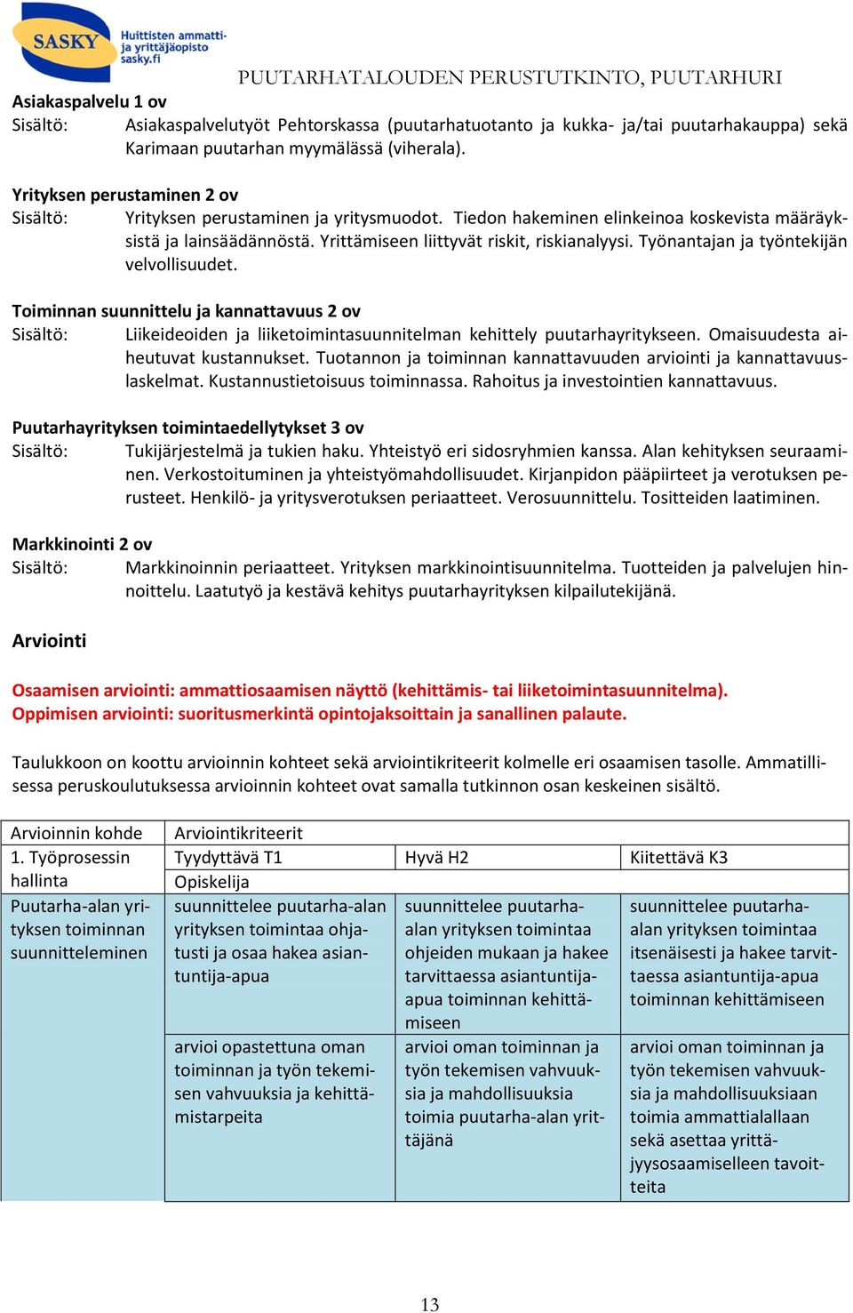 Työnantajan ja työntekijän velvollisuudet. Toiminnan suunnittelu ja kannattavuus 2 ov Sisältö: Liikeideoiden ja liiketoimintasuunnitelman kehittely puutarhayritykseen.