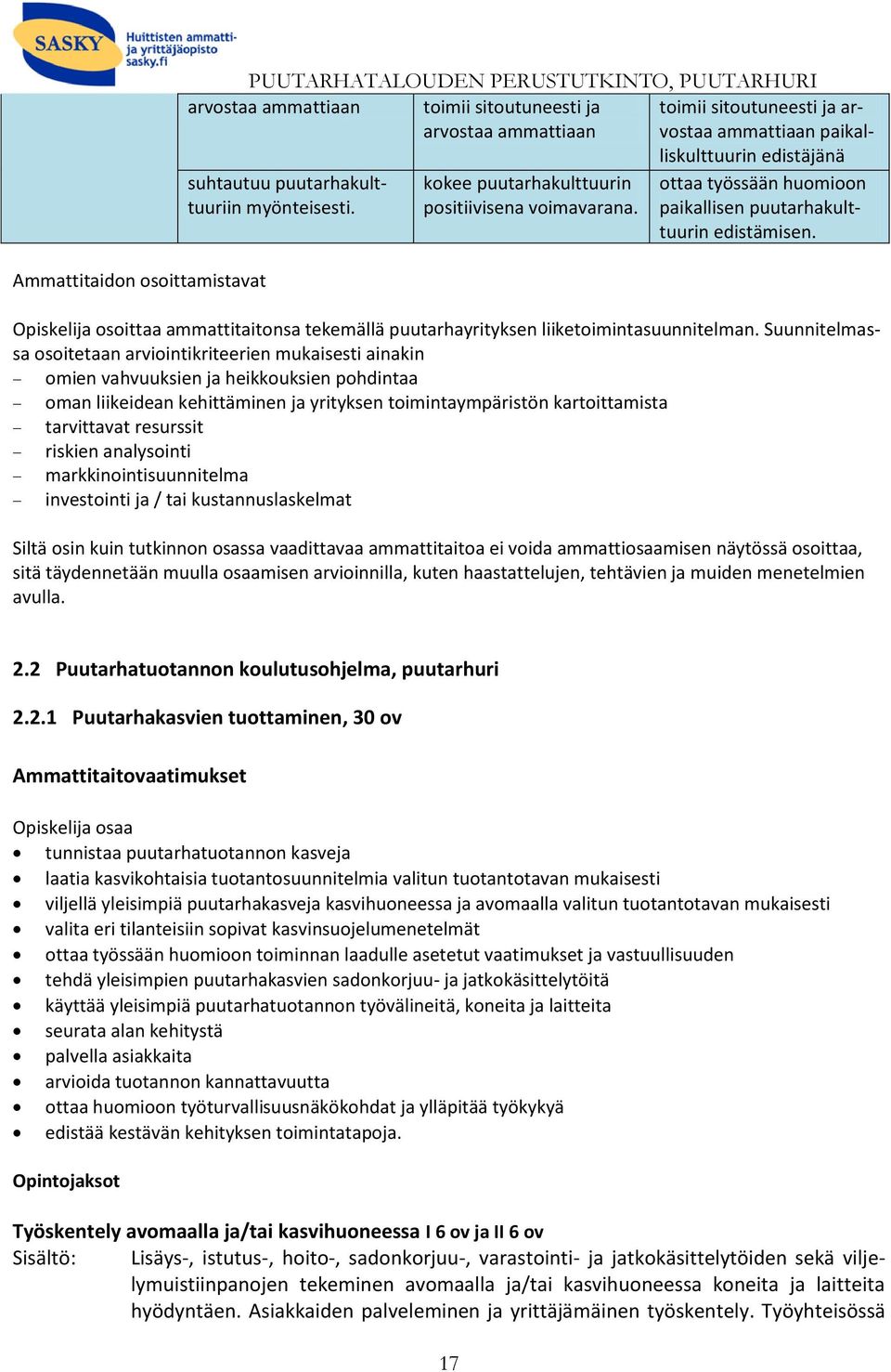 osoittaa ammattitaitonsa tekemällä puutarhayrityksen liiketoimintasuunnitelman.