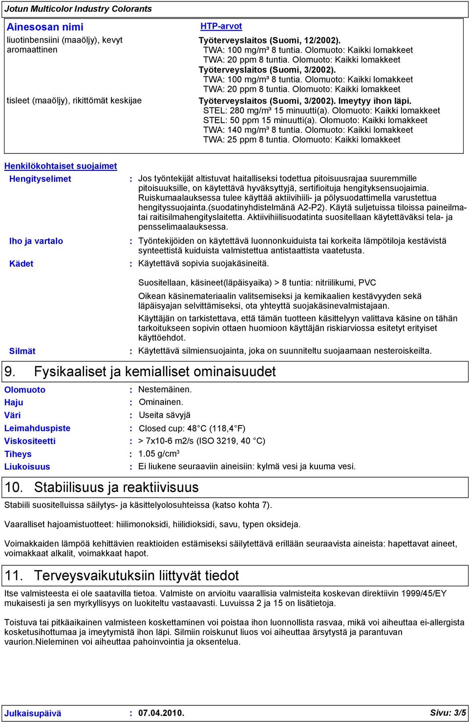 Olomuoto Kaikki lomakkeet Työterveyslaitos (Suomi, 3/2002). Imeytyy ihon läpi. STEL 280 mg/m³ 15 minuutti(a). Olomuoto Kaikki lomakkeet STEL 50 ppm 15 minuutti(a).