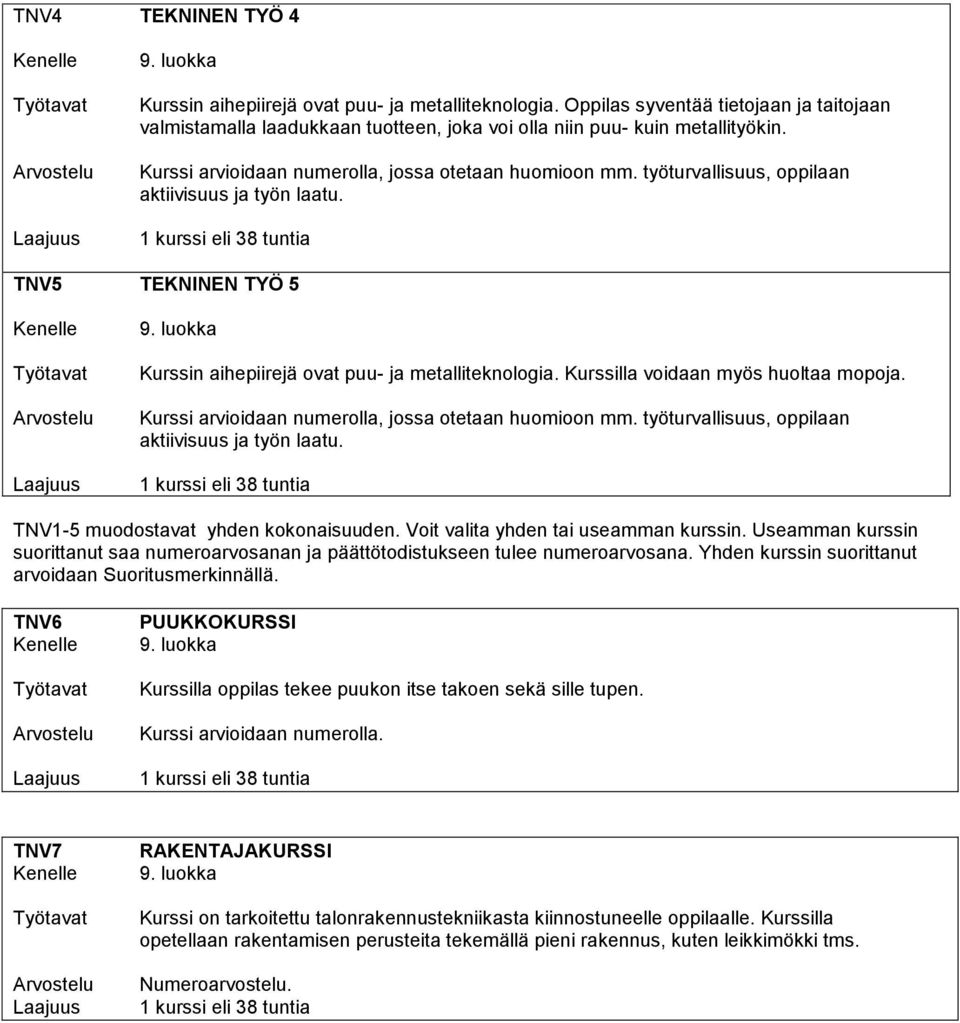 Kurssilla voidaan myös huoltaa mopoja. Kurssi arvioidaan numerolla, jossa otetaan huomioon mm. työturvallisuus, oppilaan aktiivisuus ja työn laatu. 1 kurssi eli TNV1-5 muodostavat yhden kokonaisuuden.