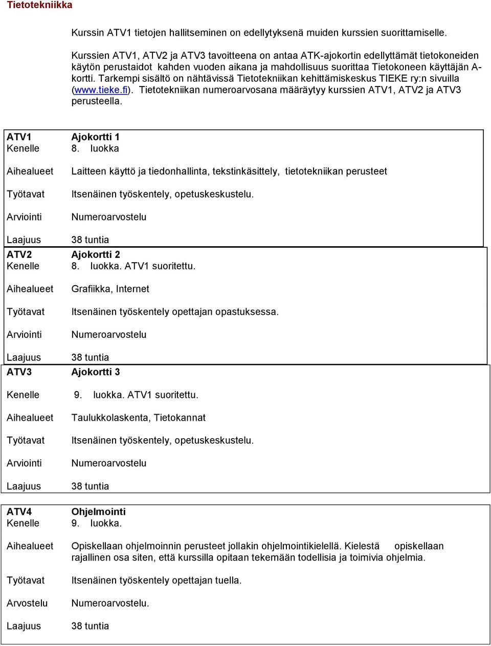 Tarkempi sisältö on nähtävissä Tietotekniikan kehittämiskeskus TIEKE ry:n sivuilla (www.tieke.fi). Tietotekniikan numeroarvosana määräytyy kurssien ATV1, ATV2 ja ATV3 perusteella.