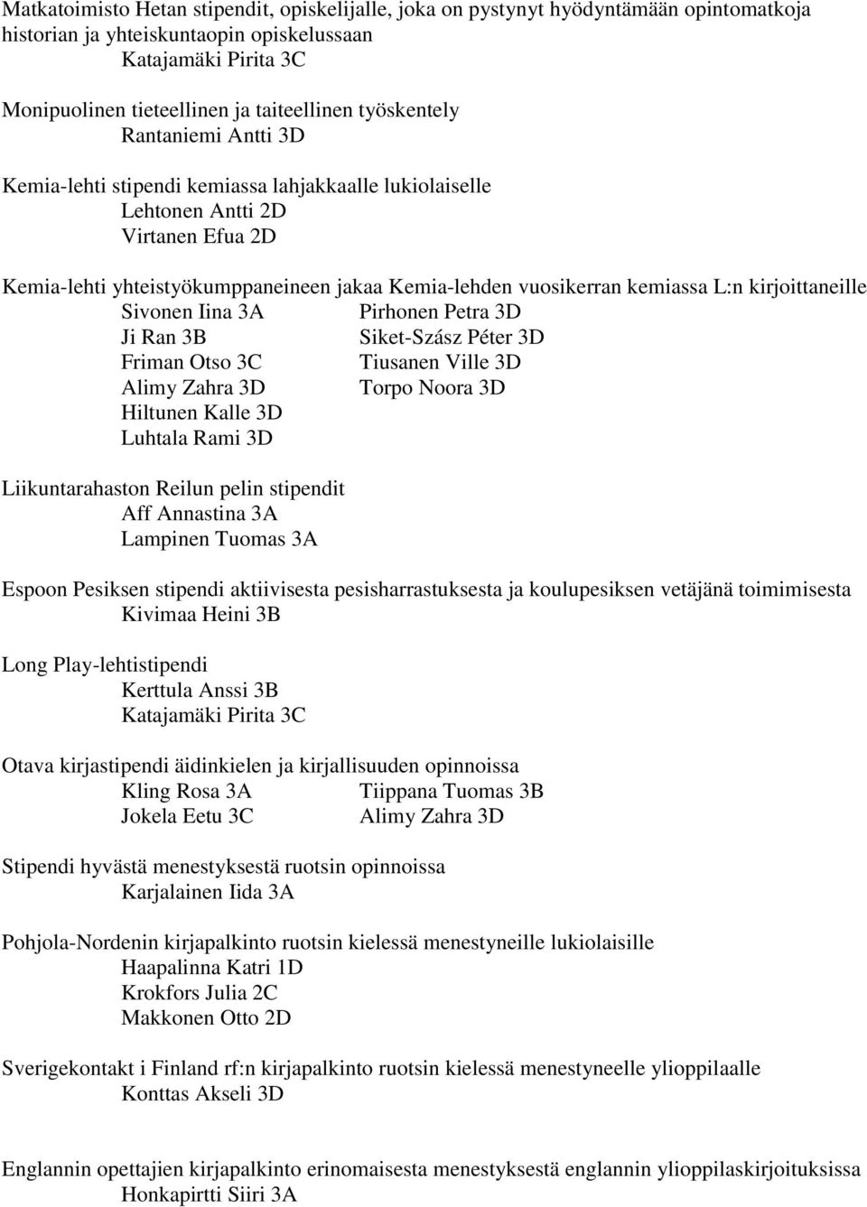 L:n kirjoittaneille Sivonen Iina 3A Pirhonen Petra 3D Ji Ran 3B Siket-Szász Péter 3D Friman Otso 3C Tiusanen Ville 3D Alimy Zahra 3D Torpo Noora 3D Hiltunen Kalle 3D Luhtala Rami 3D Liikuntarahaston