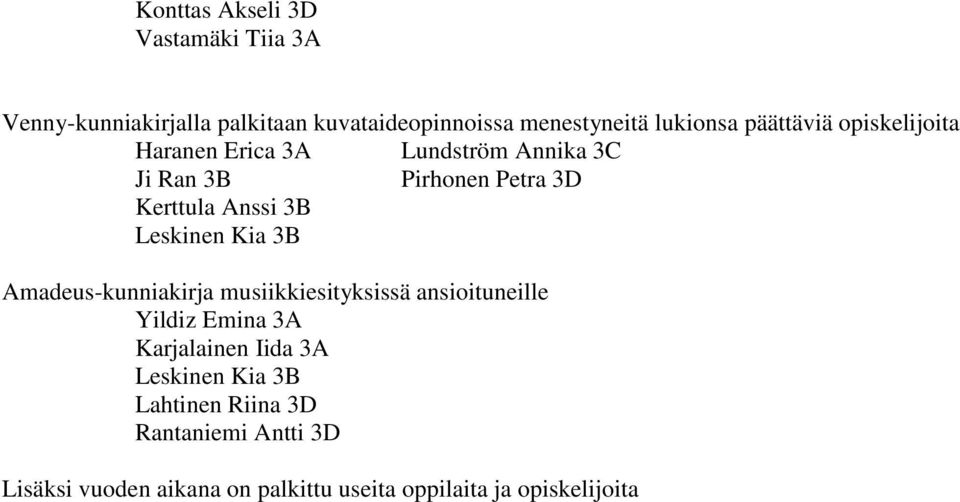 Leskinen Kia 3B Amadeus-kunniakirja musiikkiesityksissä ansioituneille Yildiz Emina 3A Karjalainen Iida 3A