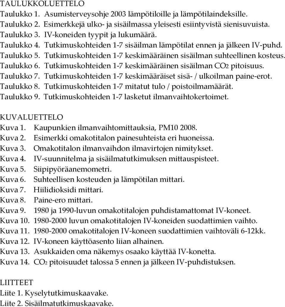 Taulukko 6. Tutkimuskohteiden 1-7 keskimääräinen sisäilman CO2 pitoisuus. Taulukko 7. Tutkimuskohteiden 1-7 keskimääräiset sisä- / ulkoilman paine-erot. Taulukko 8.