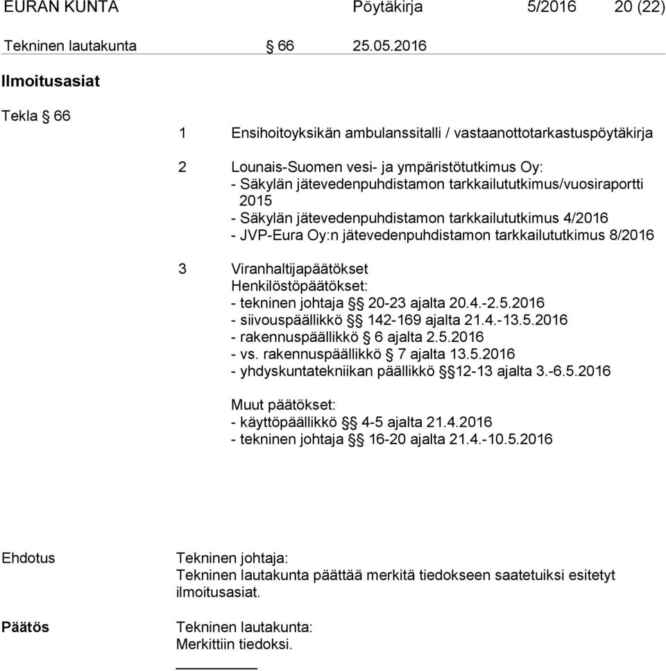 tarkkailututkimus/vuosiraportti 2015 - Säkylän jätevedenpuhdistamon tarkkailututkimus 4/2016 - JVP-Eura Oy:n jätevedenpuhdistamon tarkkailututkimus 8/2016 3 Viranhaltijapäätökset Henkilöstöpäätökset: