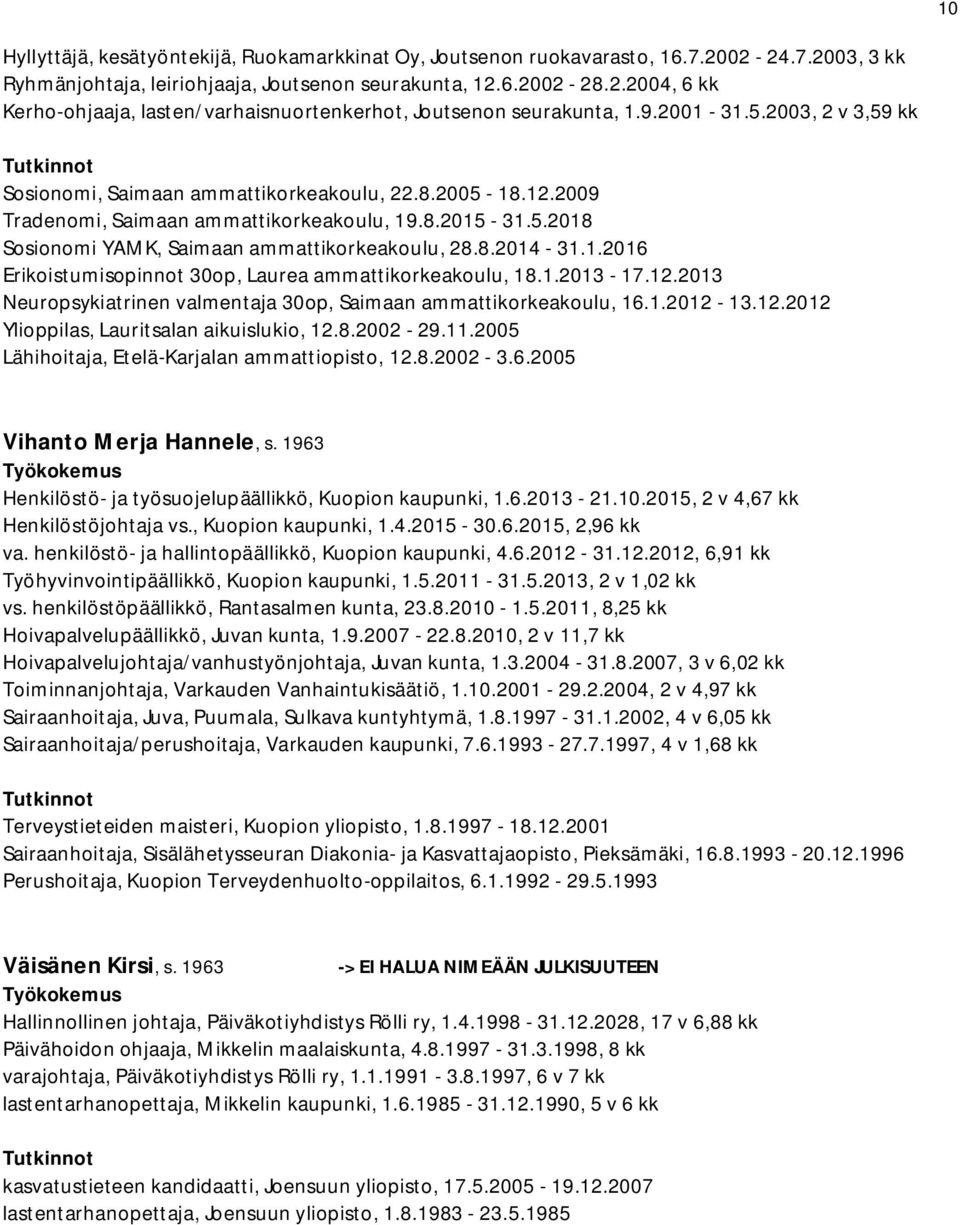 1.2016 Erikoistumisopinnot 30op, Laurea ammattikorkeakoulu, 18.1.2013-17.12.2013 Neuropsykiatrinen valmentaja 30op, Saimaan ammattikorkeakoulu, 16.1.2012-13.12.2012 Ylioppilas, Lauritsalan aikuislukio, 12.