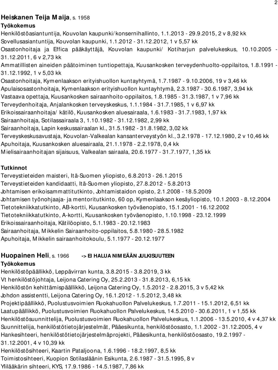 8.1991-31.12.1992, 1 v 5,03 kk Osastonhoitaja, Kymenlaakson erityishuollon kuntayhtymä, 1.7.1987-9.10.2006, 19 v 3,46 kk Apulaisosastonhoitaja, Kymenlaakson erityishuollon kuntayhtymä, 2.3.1987-30.6.1987, 3,94 kk Vastaava opettaja, Kuusankosken sairaanhoito-oppilaitos, 1.