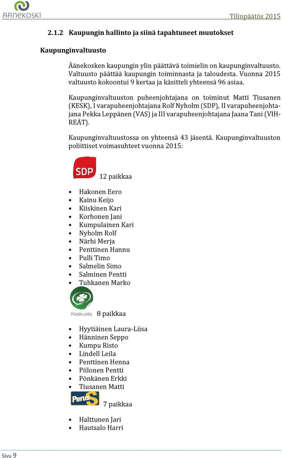 Kaupunginvaltuuston puheenjohtajana on toiminut Matti Tiusanen (KESK), I varapuheenjohtajana Rolf Nyholm (SDP), II varapuheenjohtajana Pekka Leppänen (VAS) ja III varapuheenjohtajana Jaana Tani (VIH-