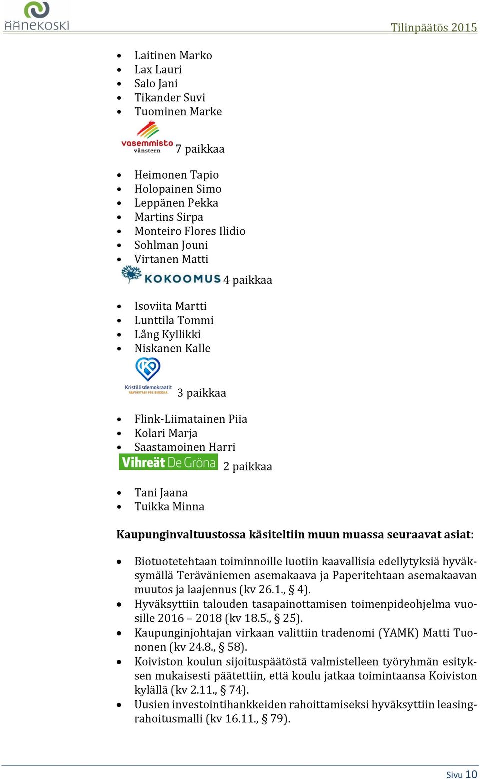 muassa seuraavat asiat: Biotuotetehtaan toiminnoille luotiin kaavallisia edellytyksiä hyväksymällä Teräväniemen asemakaava ja Paperitehtaan asemakaavan muutos ja laajennus (kv 26.1., 4).