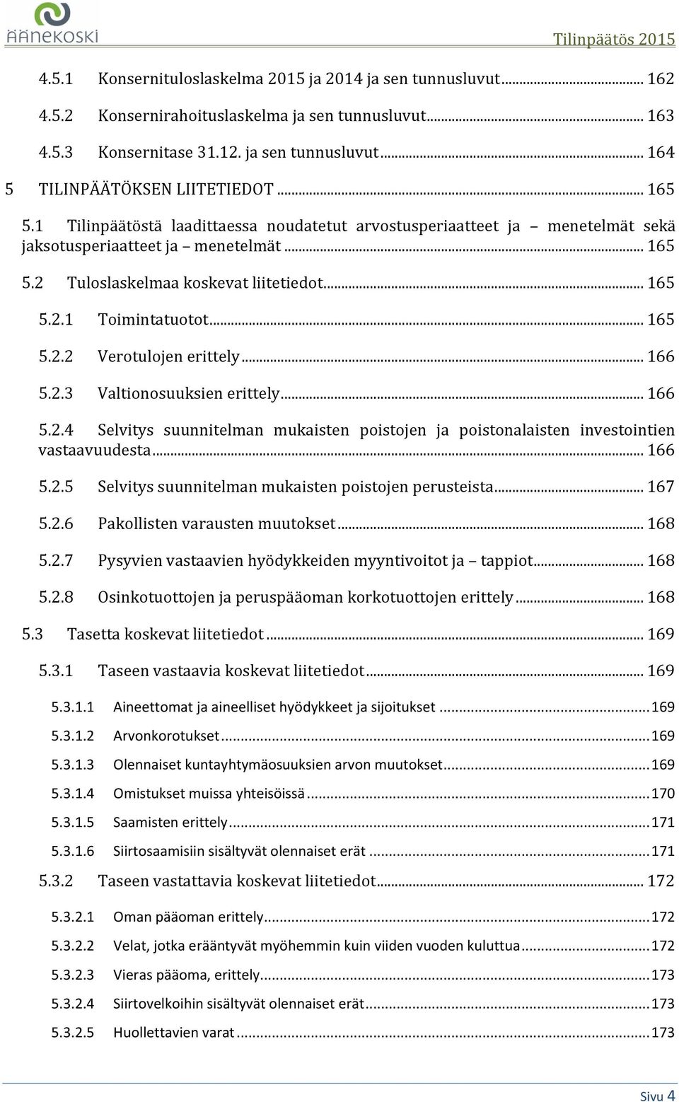 .. 165 5.2.2 Verotulojen erittely... 166 5.2.3 Valtionosuuksien erittely... 166 5.2.4 Selvitys suunnitelman mukaisten poistojen ja poistonalaisten investointien vastaavuudesta... 166 5.2.5 Selvitys suunnitelman mukaisten poistojen perusteista.