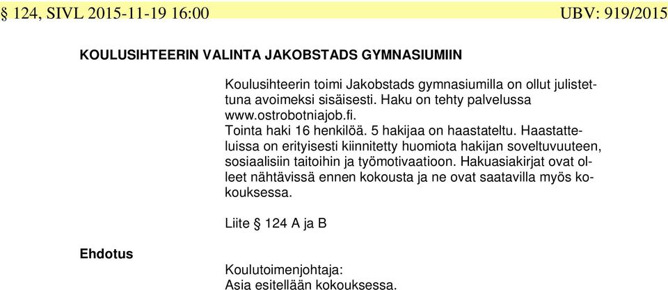 Haastatteluissa on erityisesti kiinnitetty huomiota hakijan soveltuvuuteen, sosiaalisiin taitoihin ja työmotivaatioon.