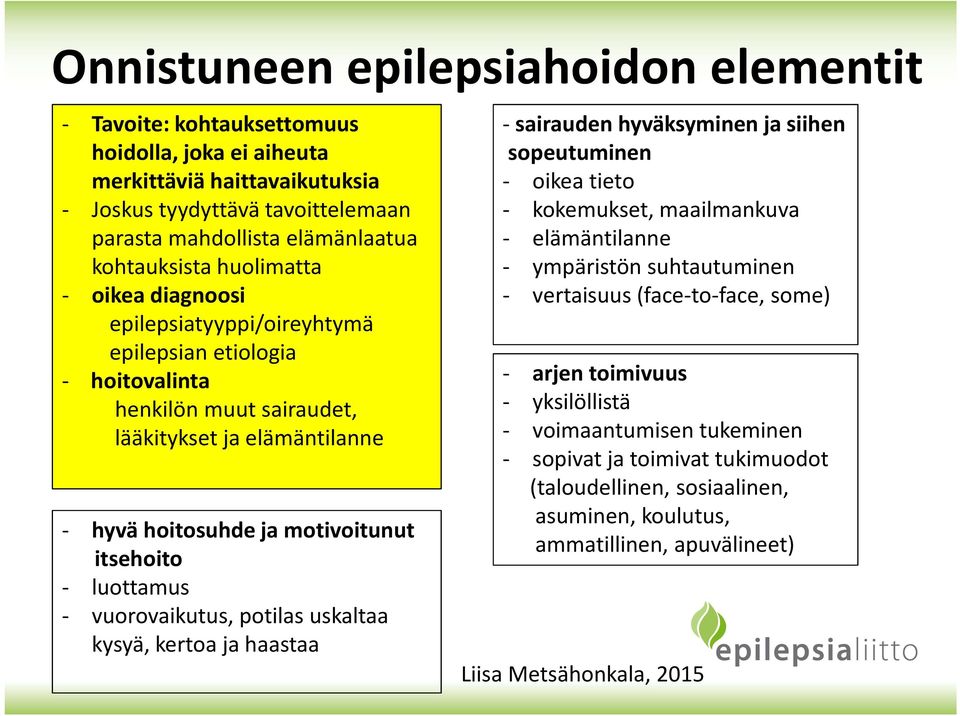 itsehoito - luottamus - vuorovaikutus, potilas uskaltaa kysyä, kertoa ja haastaa - sairauden hyväksyminen ja siihen sopeutuminen - oikea tieto - kokemukset, maailmankuva - elämäntilanne - ympäristön