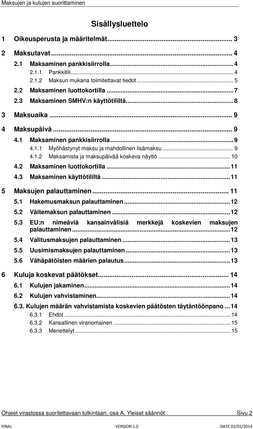 .. 10 4.2 Maksaminen luottokortilla... 11 4.3 Maksaminen käyttötililtä... 11 5 Maksujen palauttaminen... 11 5.1 Hakemusmaksun palauttaminen... 12 5.