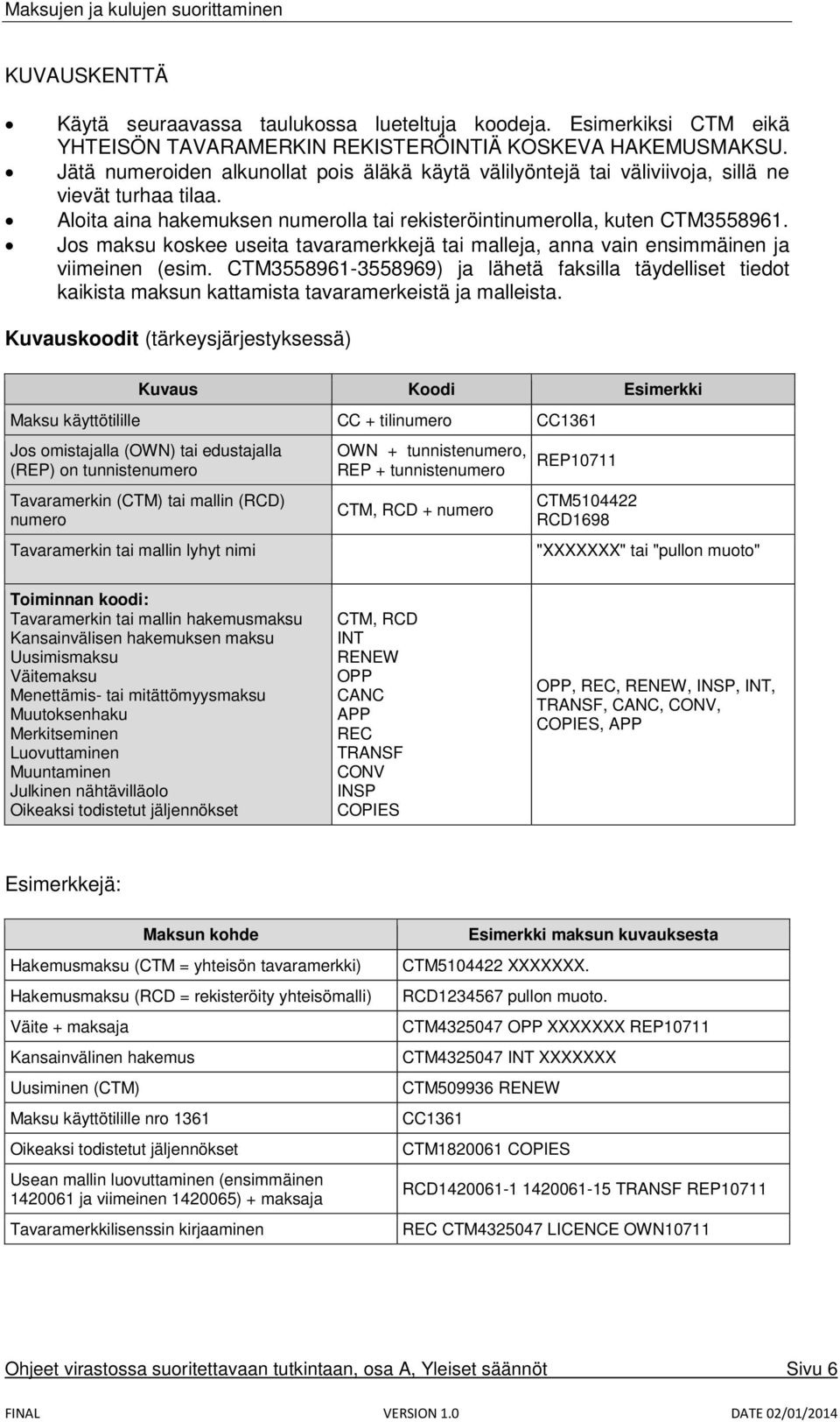 Jos maksu koskee useita tavaramerkkejä tai malleja, anna vain ensimmäinen ja viimeinen (esim.