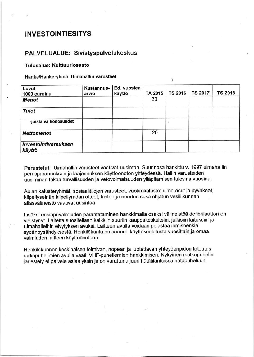 1997 uimahallin perusparannuksen ja laajennuksen kiiyttddnoton yhteydessii. Hallin varusteiden uusiminen takaa turvallisuuden ja vetovoimaisuuden yll-ipitiimisen tulevina vuosina.