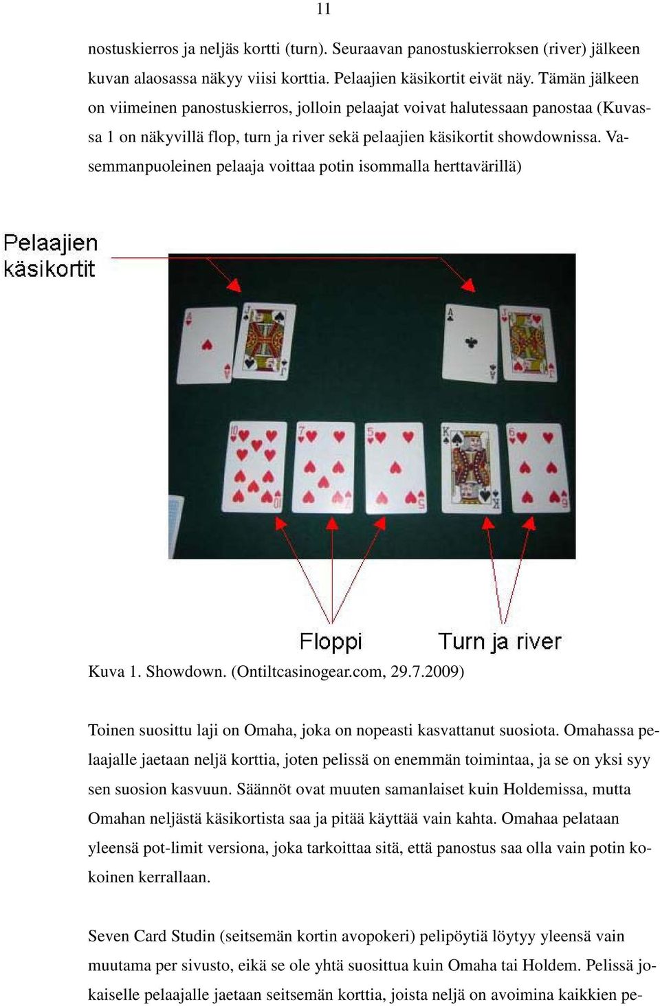 Vasemmanpuoleinen pelaaja voittaa potin isommalla herttavärillä) Kuva 1. Showdown. (Ontiltcasinogear.com, 29.7.2009) Toinen suosittu laji on Omaha, joka on nopeasti kasvattanut suosiota.