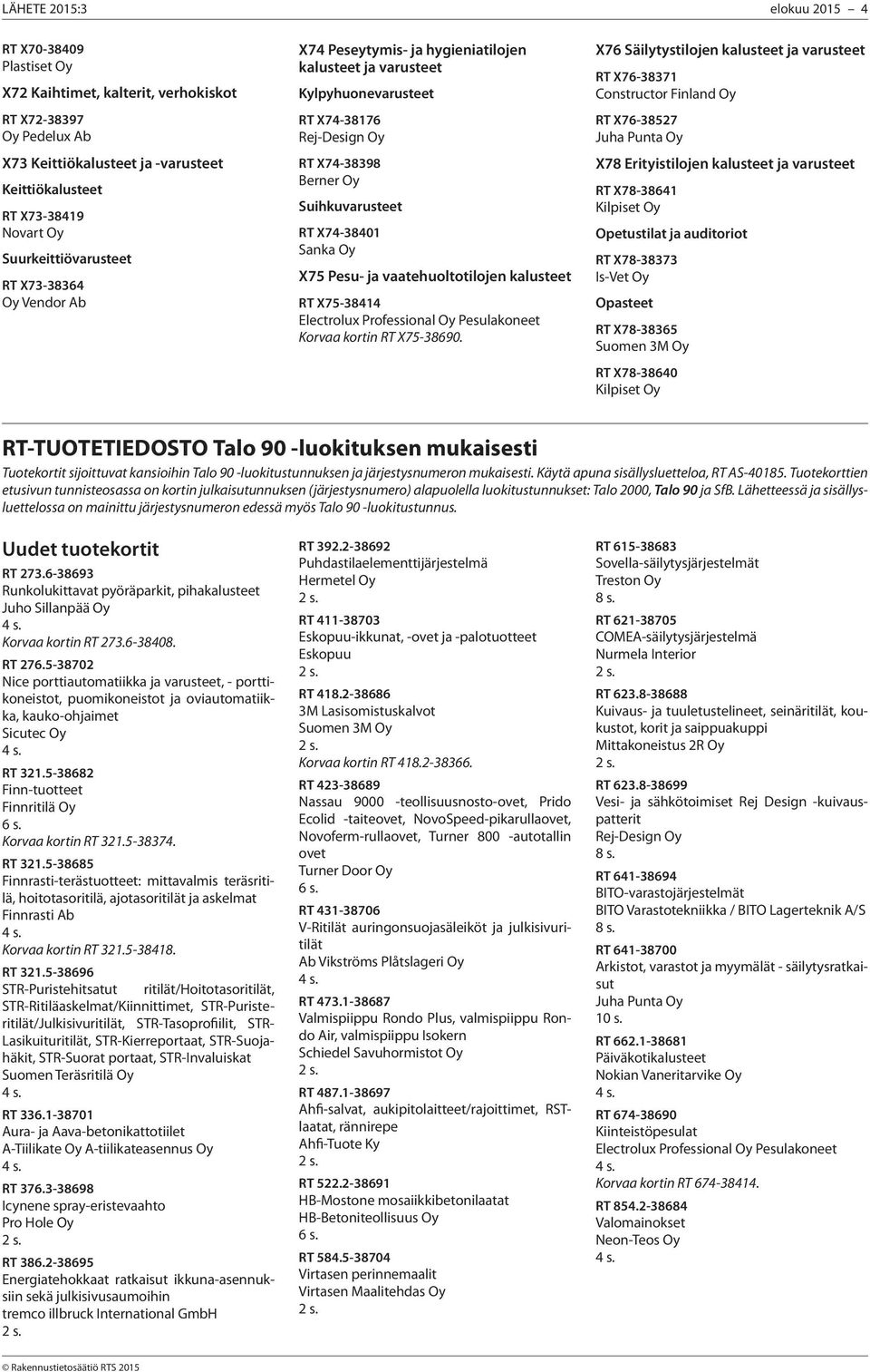 X74-38401 Sanka Oy X75 Pesu- ja vaatehuoltotilojen kalusteet RT X75-38414 Electrolux Professional Oy Pesulakoneet Korvaa kortin RT X75-38690.