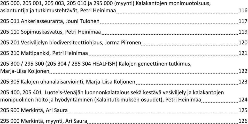 HEALFISH) Kalojen geneettinen tutkimus, Marja-Liisa Koljonen 122 205 305 Kalojen uhanalaisarviointi, Marja-Liisa Koljonen 123 205 400, 205 401 Luoteis-Venäjän luonnonkalatalous sekä