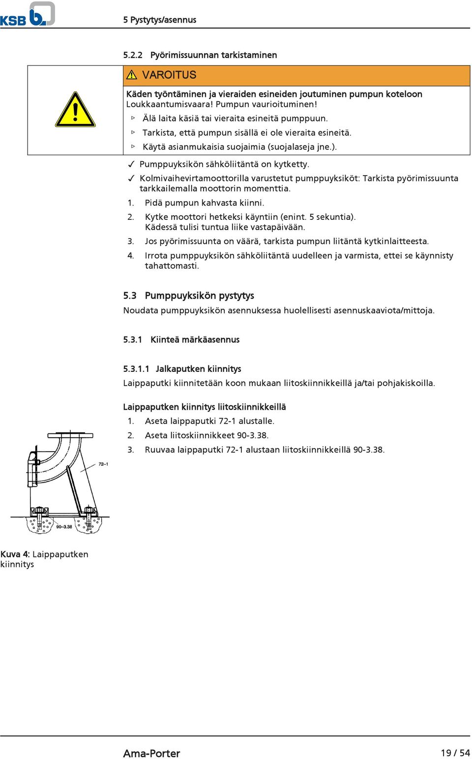 Kolmivaihevirtamoottorilla varustetut pumppuyksiköt: Tarkista pyörimissuunta tarkkailemalla moottorin momenttia. 1. Pidä pumpun kahvasta kiinni. 2. Kytke moottori hetkeksi käyntiin (enint.