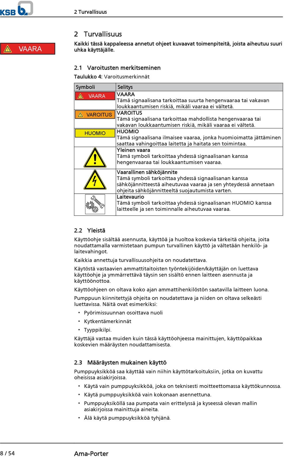 ! VAROITUS VAROITUS Tämä signaalisana tarkoittaa mahdollista hengenvaaraa tai vakavan loukkaantumisen riskiä, mikäli vaaraa ei vältetä.