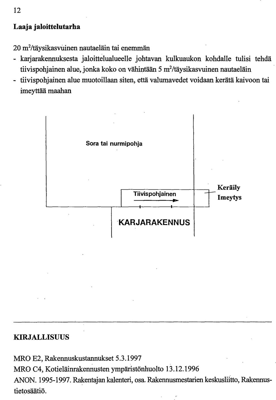 kerätä kaivoon tai imeyttää maahan Sora tai nurmipohja Tiivispohjainen Keräily lmeytys KARJARAKENNUS KIRJALLISUUS MRO E2, Rakennuskustannukset 5.3.