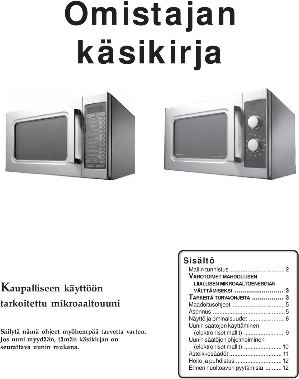 ..2 VAROTOIMET MAHDOLLISEN LIIALLISEN MIKROAALTOENERGIAN VÄLTTÄMISEKSI... 3 TÄRKEITÄ TURVAOHJEITA... 3 Maadoitusohjeet...5 Asennus.