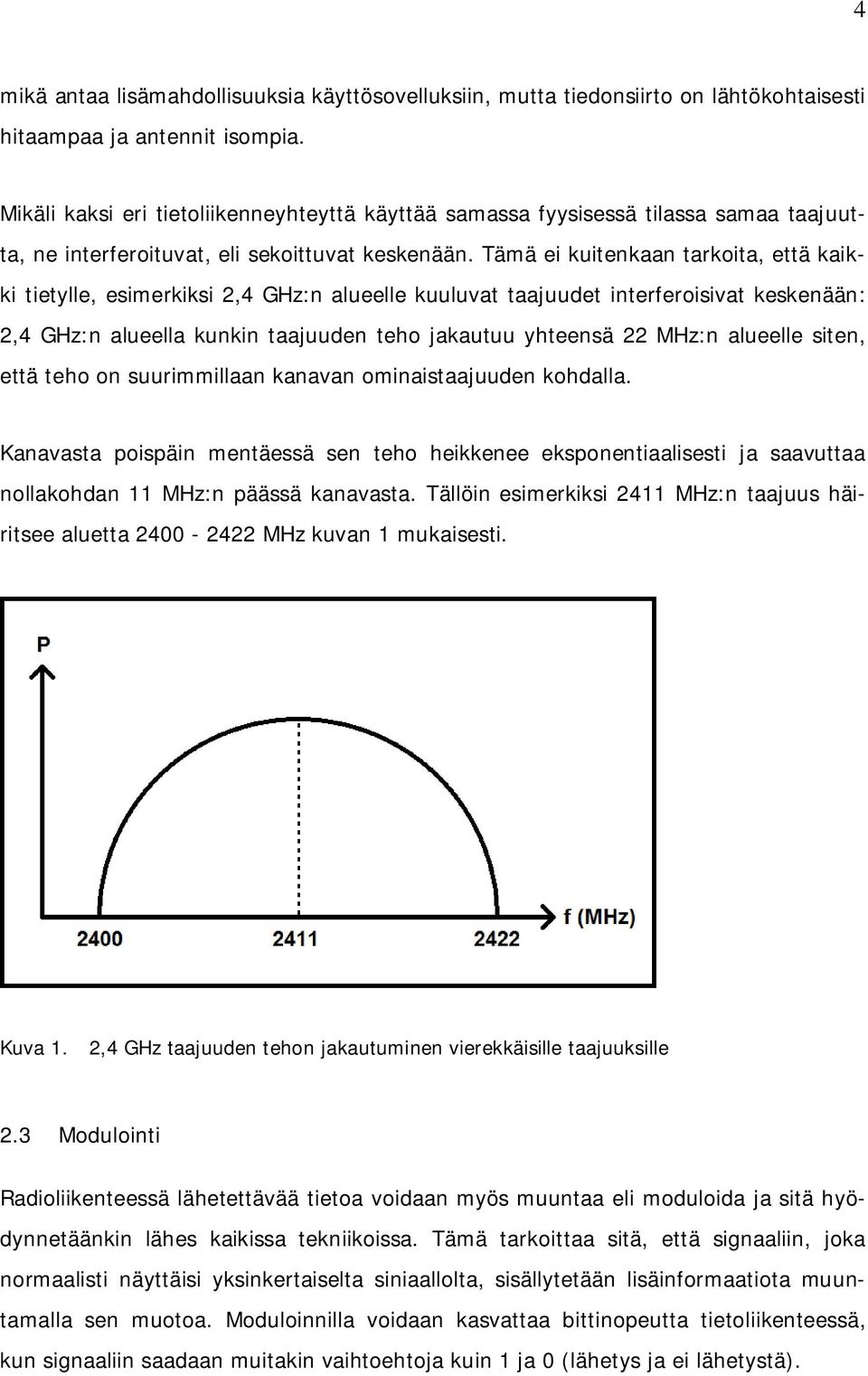 Tämä ei kuitenkaan tarkoita, että kaikki tietylle, esimerkiksi 2,4 GHz:n alueelle kuuluvat taajuudet interferoisivat keskenään: 2,4 GHz:n alueella kunkin taajuuden teho jakautuu yhteensä 22 MHz:n