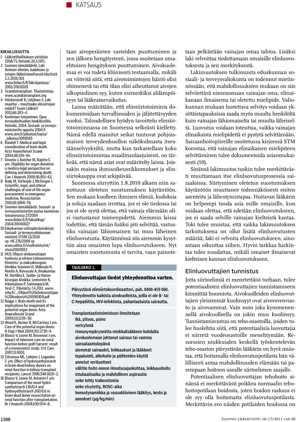 Suom Lääkäril 2011;66:283 4. 5 Kuoleman toteaminen. Opas terveydenhuollon henkilöstölle. Helsinki, 2004. Sosiaali- ja terveys - ministeriön oppaita 2004:5 www.stm.