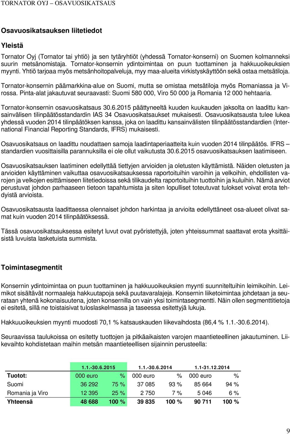 Tornator-konsernin päämarkkina-alue on Suomi, mutta se omistaa metsätiloja myös Romaniassa ja Virossa. Pinta-alat jakautuvat seuraavasti: Suomi 580 000, Viro 50 000 ja Romania 12 000 hehtaaria.