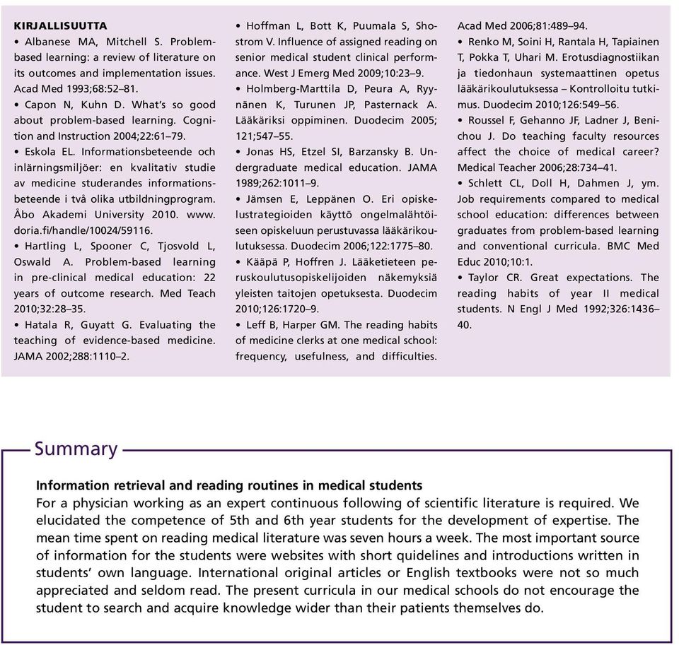 Informationsbeteende och inlärningsmiljöer: en kvalitativ studie av medicine studerandes informationsbeteende i två olika utbildningprogram. Åbo Akademi University 21. www. doria.fi/handle/124/59116.