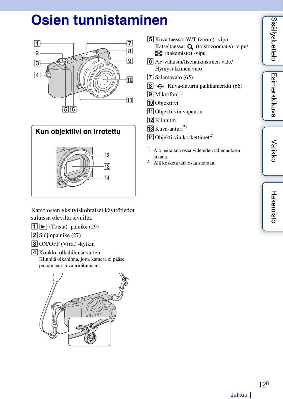 E Kuvattaessa: W/T (zoom) -vipu Katseltaessa: (toistozoomaus) -vipu/ (hakemisto) -vipu F AF-valaisin/Itselaukaisimen valo/ Hymysulkimen valo G Salamavalo (65) H