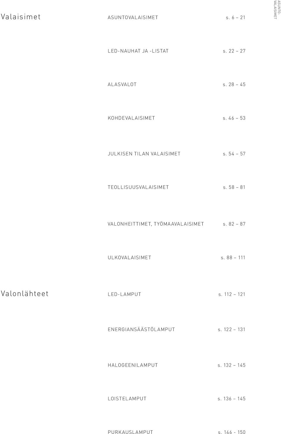 58 81 VALONHEITTIMET, T YÖMA AVALAISIMET s. 82 87 ULKOVAL AISIMET s. 88 111 Valonlähteet LED-LAMPUT s.