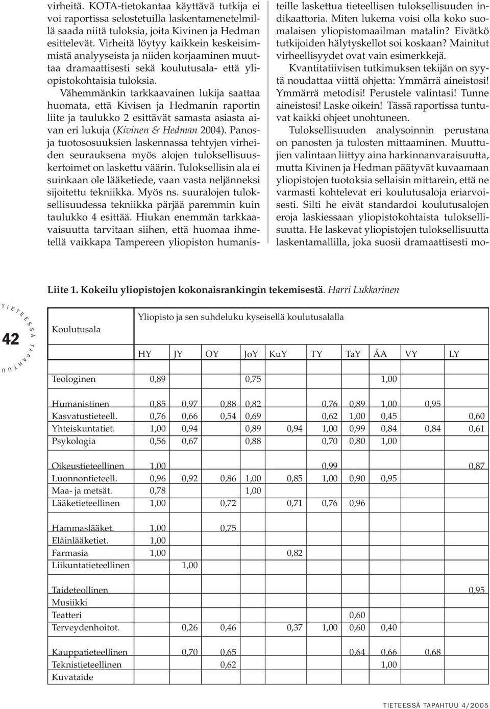 Vähemmänkin tarkkaavainen lukija saattaa huomata, että Kivisen ja edmanin raportin liite ja taulukko 2 esittävät samasta asiasta aivan eri lukuja (Kivinen & edman 2004).