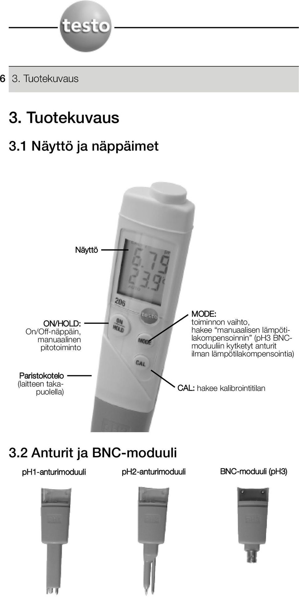 manuaalisen lämpötilakompensoinnin (ph3 BNCmoduuliin kytketyt anturit ilman