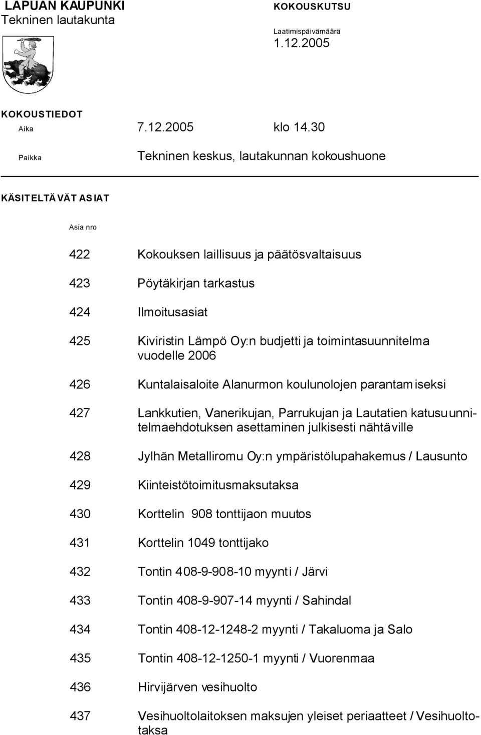 budjetti ja toimintasuunnitelma vuodelle 2006 426 Kuntalaisaloite Alanurmon koulunolojen parantamiseksi 427 Lankkutien, Vanerikujan, Parrukujan ja Lautatien katusuunnitelmaehdotuksen asettaminen