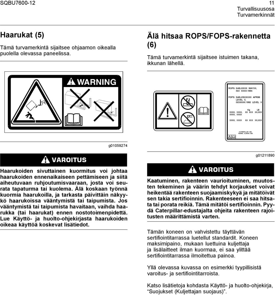 g01059274 g01211890 Haarukoiden sivuttainen kuormitus voi johtaa haarukoiden ennenaikaiseen pettämiseen ja siitä aiheutuvaan ruhjoutumisvaaraan, josta voi seurata tapaturma tai kuolema.