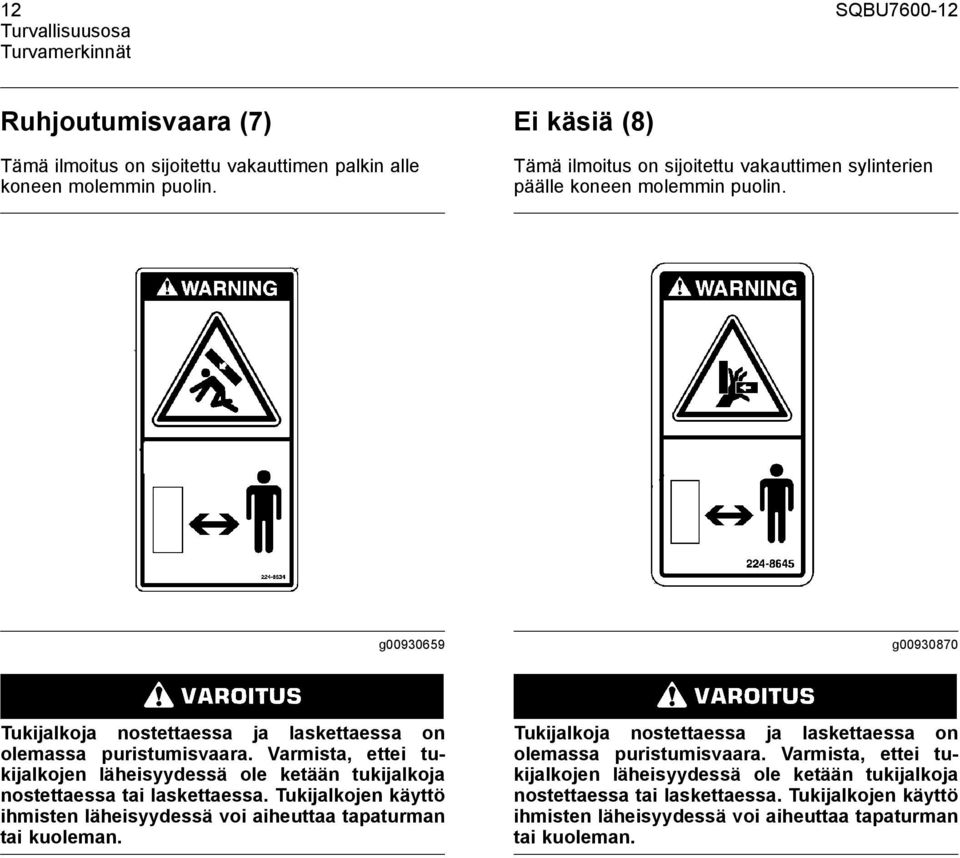 Varmista, ettei tukijalkojen läheisyydessä ole ketään tukijalkoja nostettaessa tai laskettaessa. Tukijalkojen käyttö ihmisten läheisyydessä voi aiheuttaa tapaturman tai kuoleman.