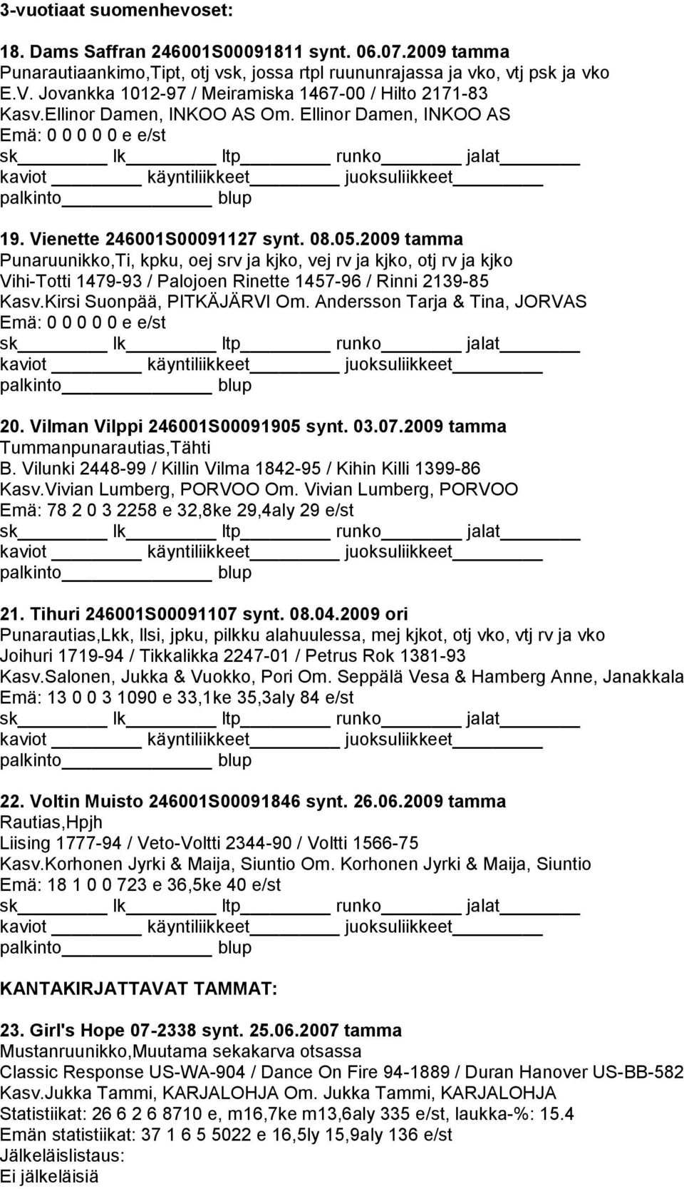 2009 tamma Punaruunikko,Ti, kpku, oej srv ja kjko, vej rv ja kjko, otj rv ja kjko Vihi-Totti 1479-93 / Palojoen Rinette 1457-96 / Rinni 2139-85 Kasv.Kirsi Suonpää, PITKÄJÄRVI Om.