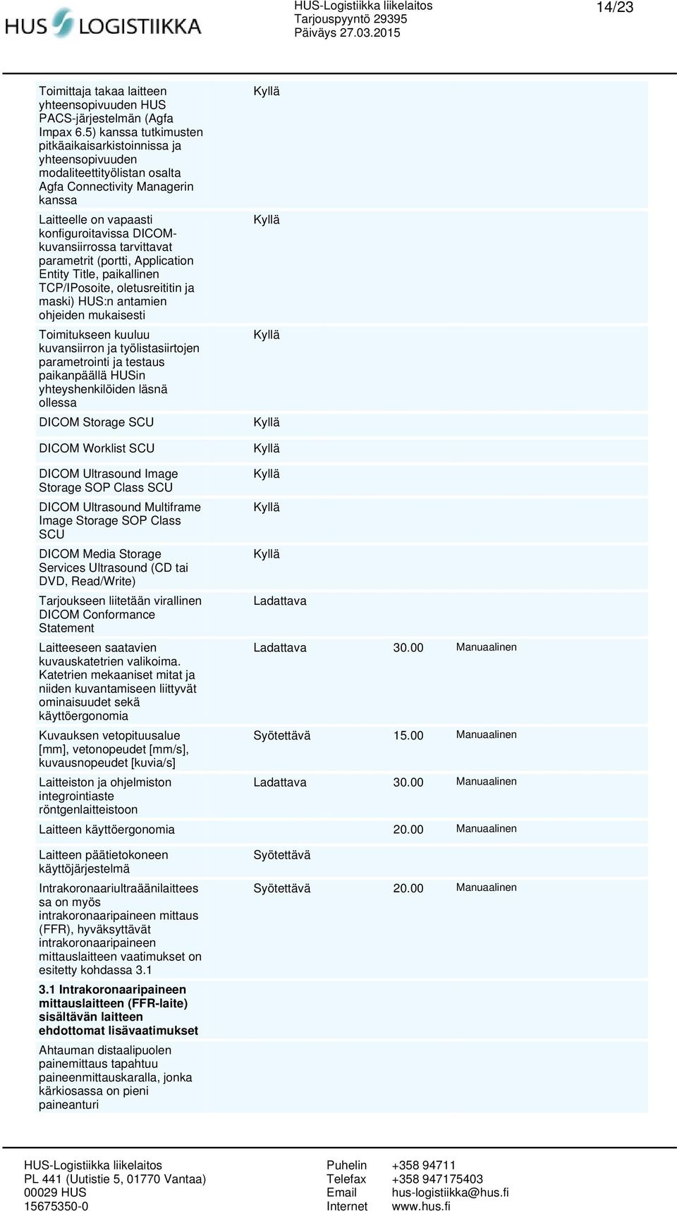 tarvittavat parametrit (portti, Application Entity Title, paikallinen TCP/IPosoite, oletusreititin ja maski) HUS:n antamien ohjeiden mukaisesti Toimitukseen kuuluu kuvansiirron ja työlistasiirtojen