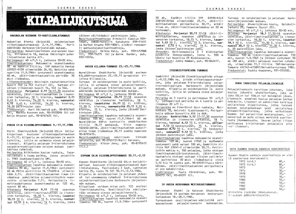 Ilmoittautuminen: Maksamalla osanottomaksu 90 mk HakRi:n tilille, SYP Hakunila Vantaa 91-519 viimeistään 4.10. Naisilta sekä nuorilta (1.9.1964- syntyneet) osanottomaksu 60 mk.