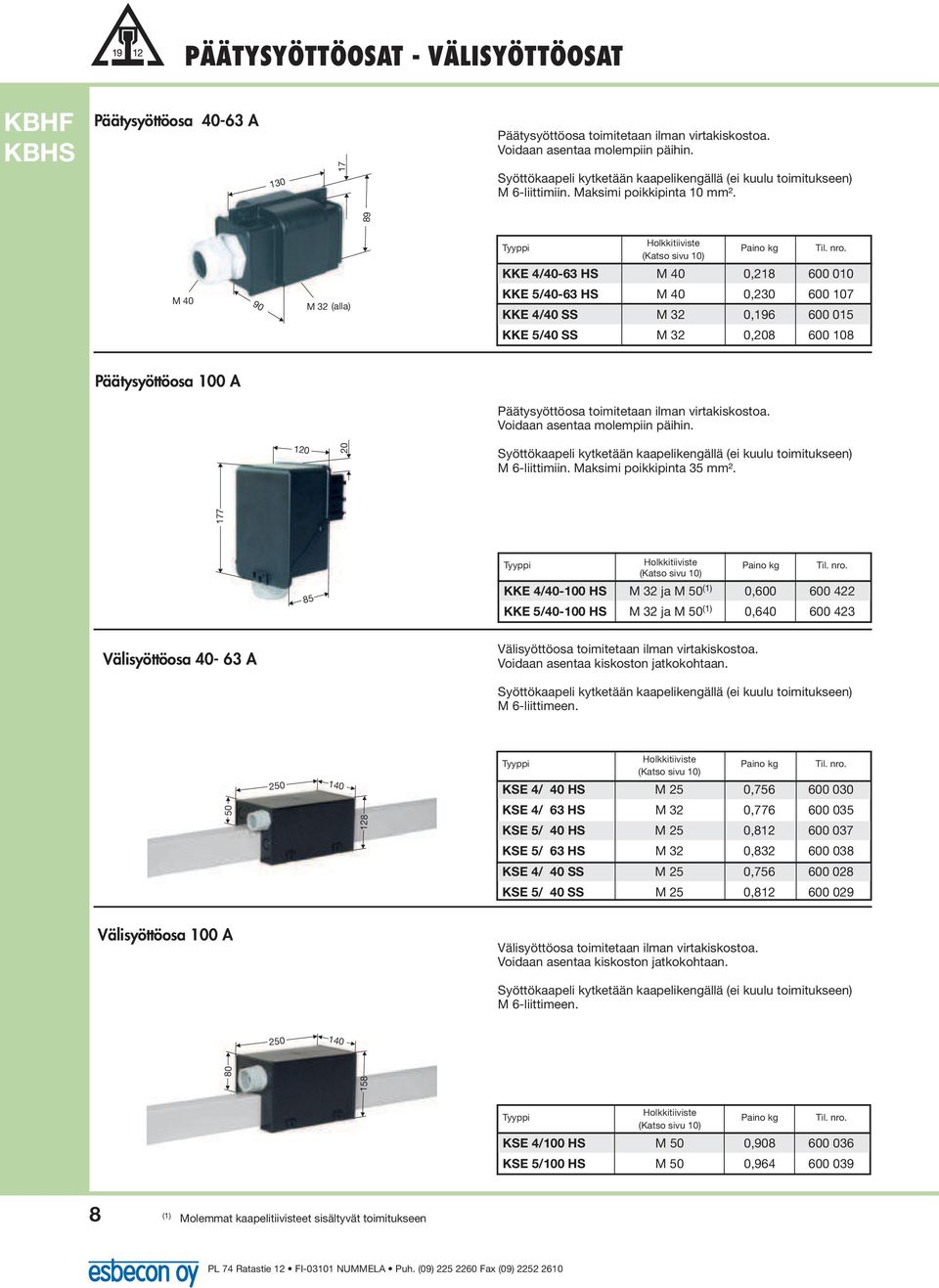 KKE 4/40-63 HS M 40 0,218 600 010 KKE 5/40-63 HS M 40 0,230 600 107 KKE 4/40 SS M 32 0,196 600 015 KKE 5/40 SS M 32 0,208 600 108 Päätysyöttöosa 100 A Päätysyöttöosa toimitetaan ilman virtakiskostoa.