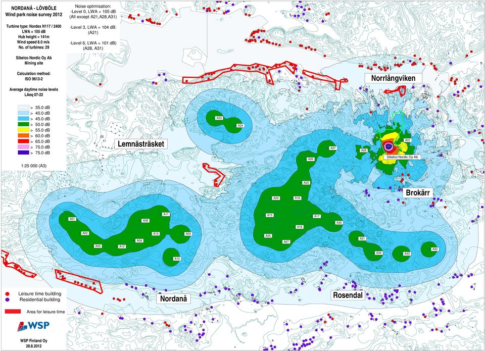 method: ISO 9613-2 Norrlångviken Average daytime noise levels LAeq 07-22 > 35.0 db > 40.0 db > 45.0 db > 50.0 db > 55.0 db > 60.0 db > 65.0 db > 70.0 db > 75.