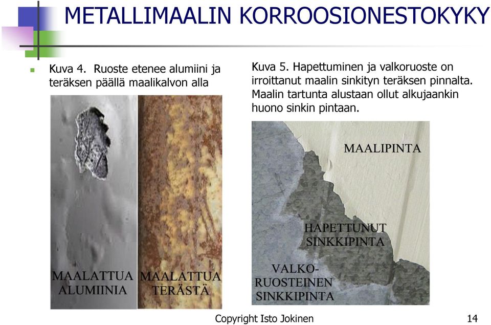 Hapettuminen ja valkoruoste on irroittanut maalin sinkityn teräksen