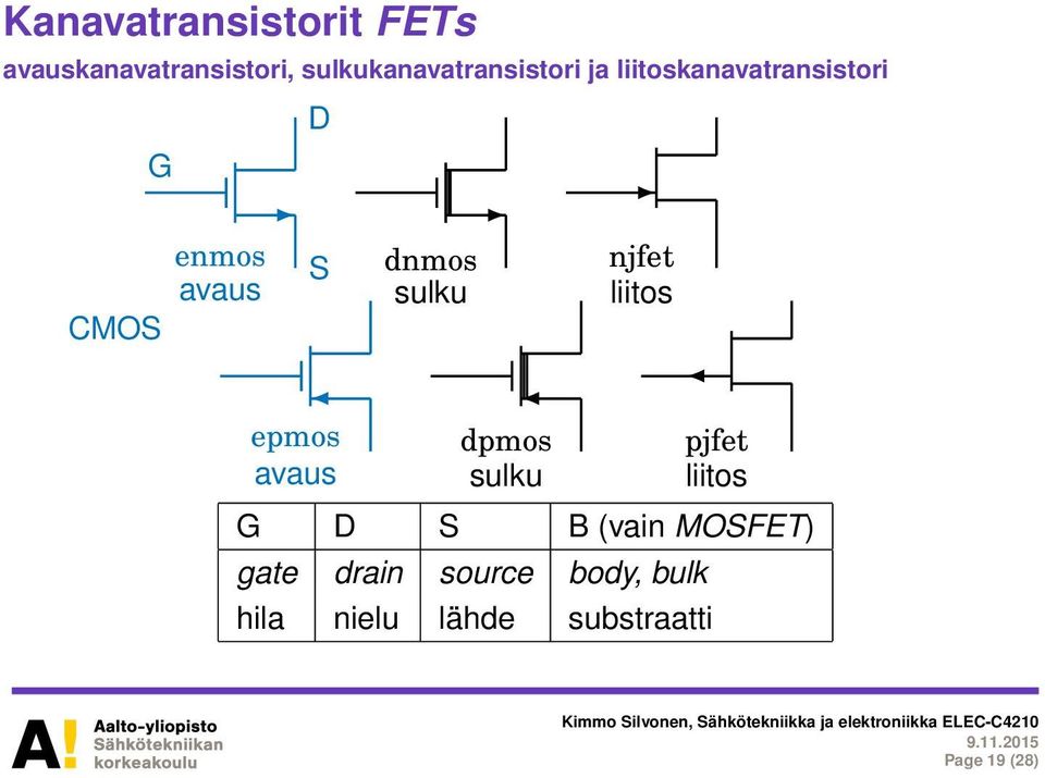 D S epmos avaus dnmos sulku dpmos sulku njfet liitos pjfet liitos G