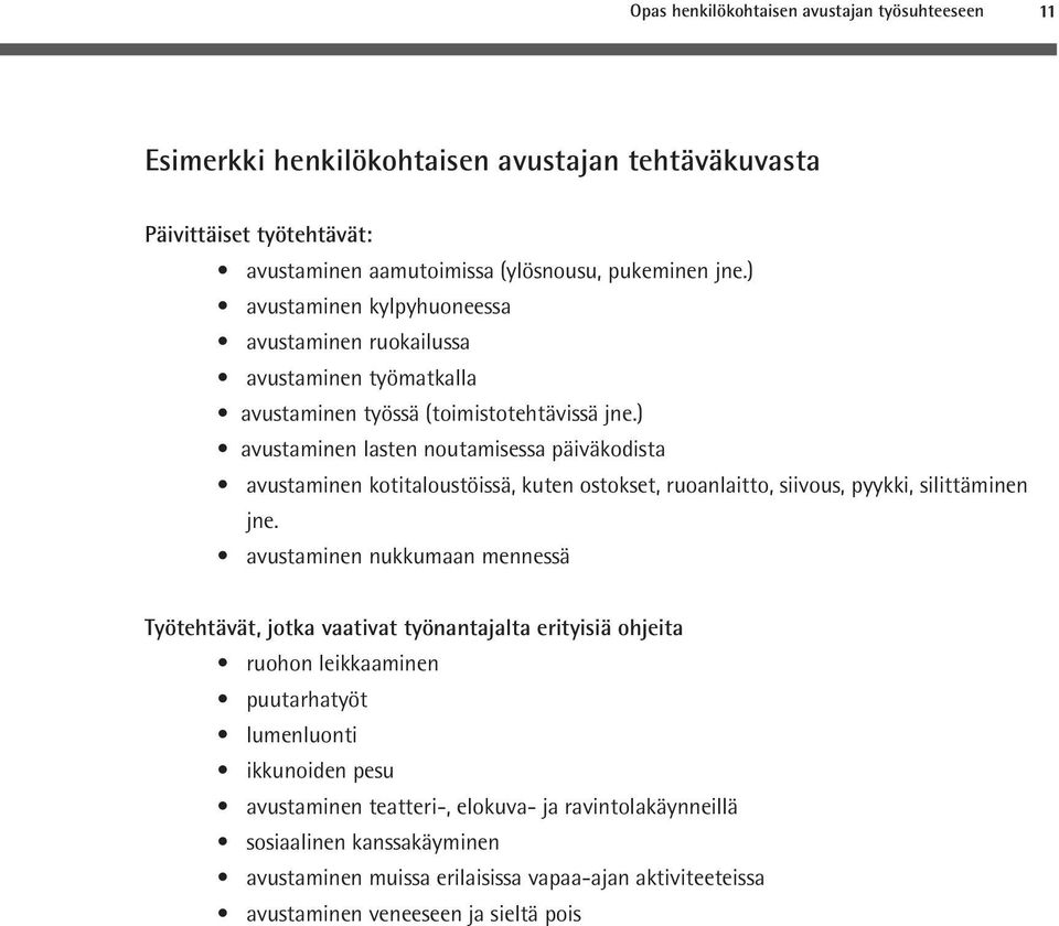 ) avustaminen lasten noutamisessa päiväkodista avustaminen kotitaloustöissä, kuten ostokset, ruoanlaitto, siivous, pyykki, silittäminen jne.