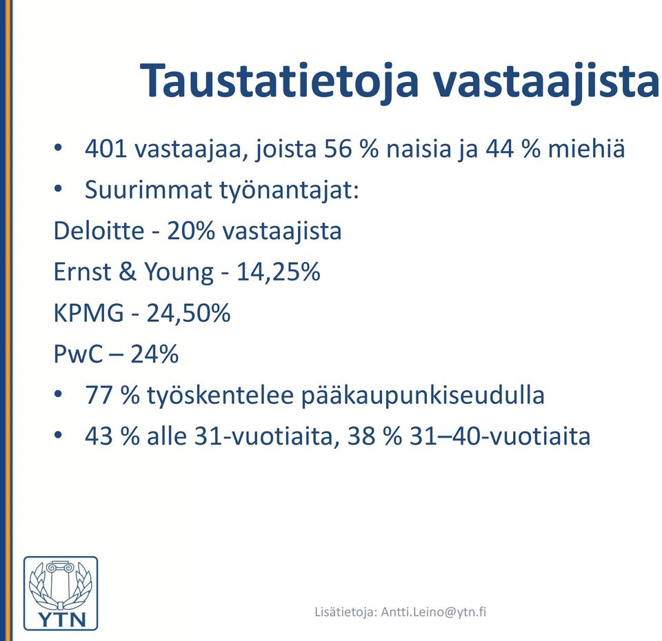 Ernst & Young - 14,25% KPMG - 24,50% PwC 24% 77 % työskentelee
