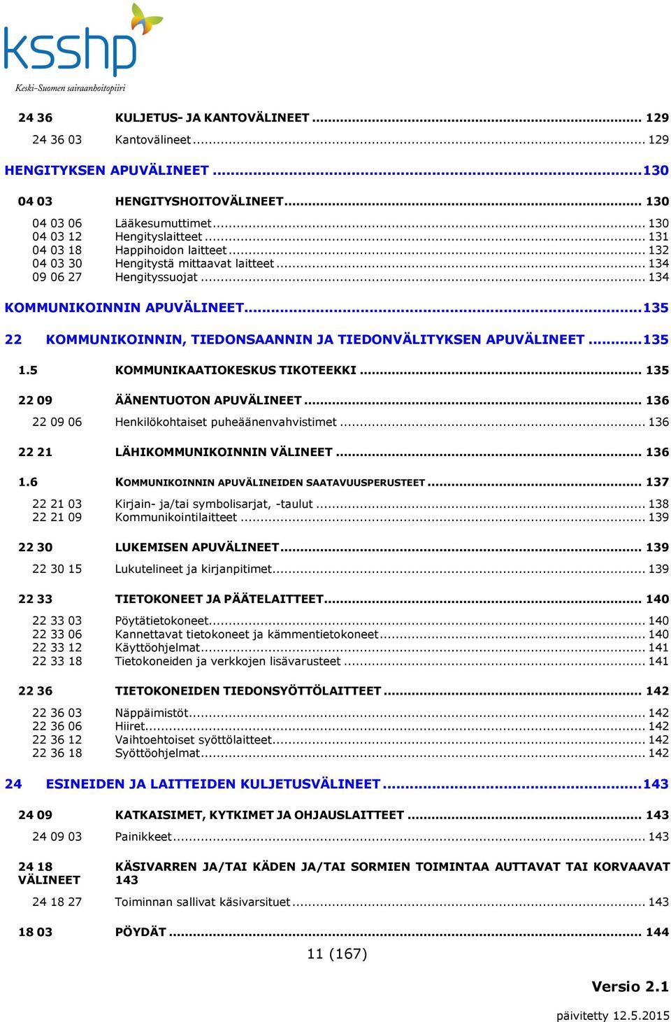 .. 135 22 KOMMUNIKOINNIN, TIEDONSAANNIN JA TIEDONVÄLITYKSEN APUVÄLINEET... 135 1.5 KOMMUNIKAATIOKESKUS TIKOTEEKKI... 135 22 09 ÄÄNENTUOTON APUVÄLINEET.