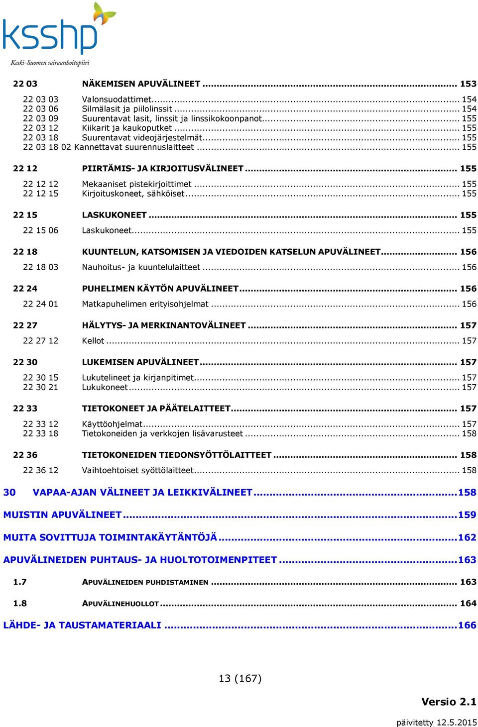 .. 155 22 12 12 Mekaaniset pistekirjoittimet... 155 22 12 15 Kirjoituskoneet, sähköiset... 155 22 15 LASKUKONEET... 155 22 15 06 Laskukoneet.