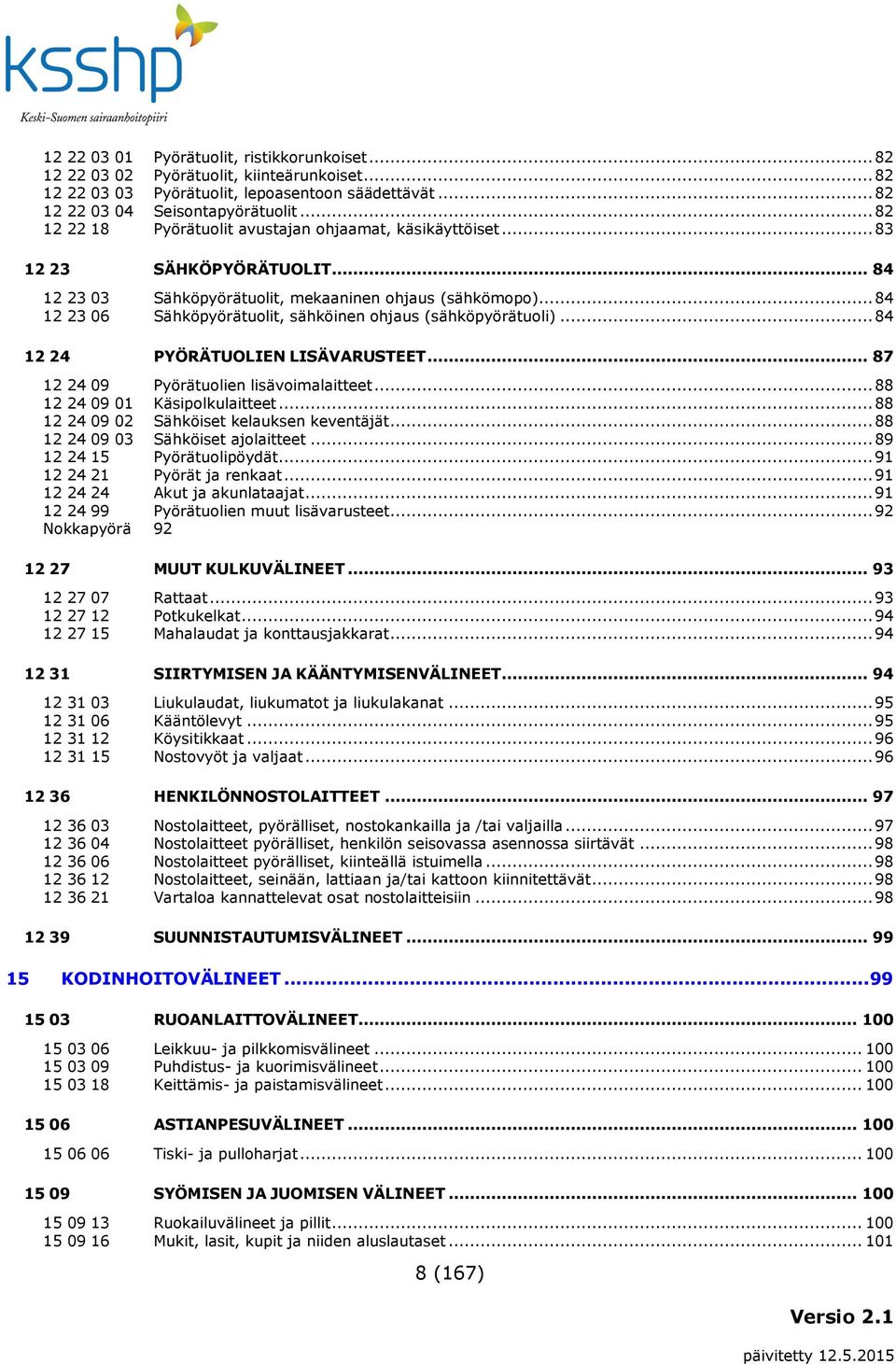 .. 84 12 23 06 Sähköpyörätuolit, sähköinen ohjaus (sähköpyörätuoli)... 84 12 24 PYÖRÄTUOLIEN LISÄVARUSTEET... 87 12 24 09 Pyörätuolien lisävoimalaitteet... 88 12 24 09 01 Käsipolkulaitteet.