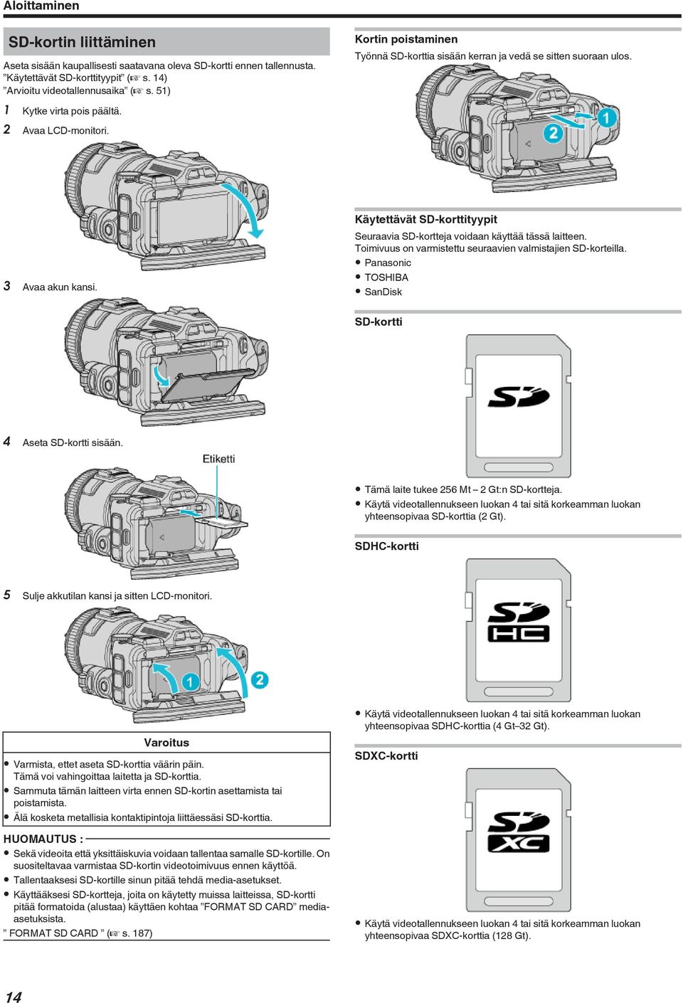 laitteen Toimivuus on varmistettu seuraavien valmistajien SD-korteilla 0 Panasonic 0 TOSHIBA 0 SanDisk SD-kortti 4 Aseta SD-kortti sisään 0 Tämä laite tukee 256 Mt 2 Gt:n SD-kortteja 0 Käytä